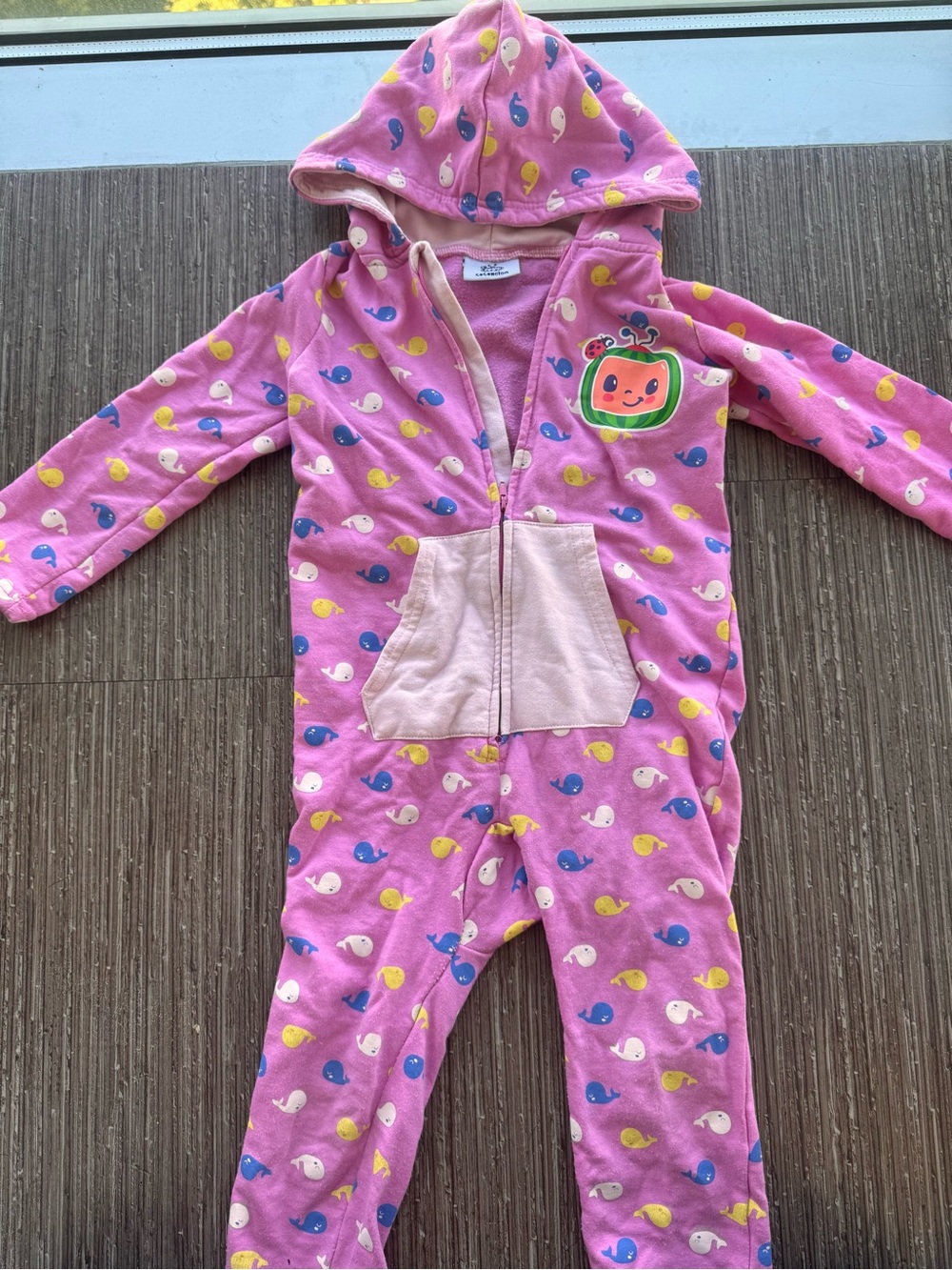 Pink Hooded Kids One-Piece Footie with Whale Print